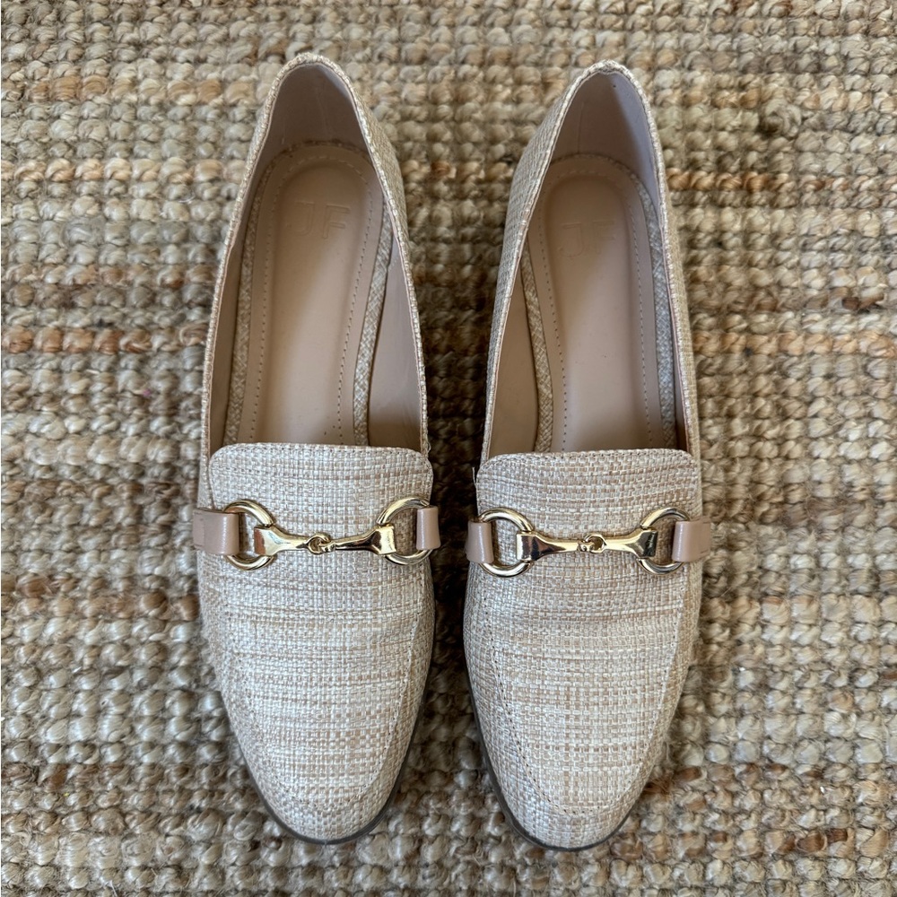 JustFab Raffia London Loafer with Gold Buckles